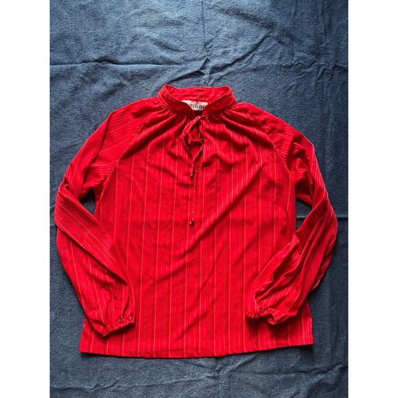 1970's Caribou Red Stripped Tied Front Blouse - Picture 1 of 6